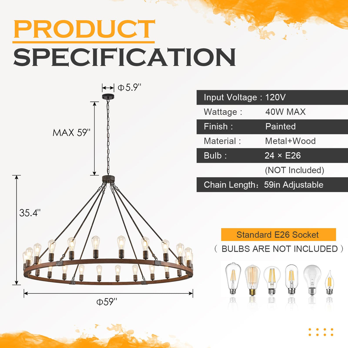 Farmhouse Wagon Wheel Chandelier 59" Black Rustic Light Fixtures 24 (Walnut / 24-Light 59 inch)