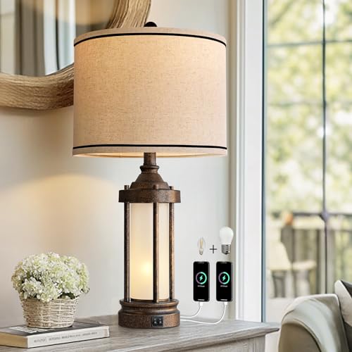 25'' Table Lamp for Living Room Bedroom Farmhouse Metal Lamps with 2 USB Ports (Bronze)