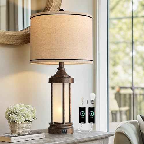 25'' Table Lamp for Living Room Bedroom Farmhouse Metal Lamps with 2 USB Ports (Bronze)