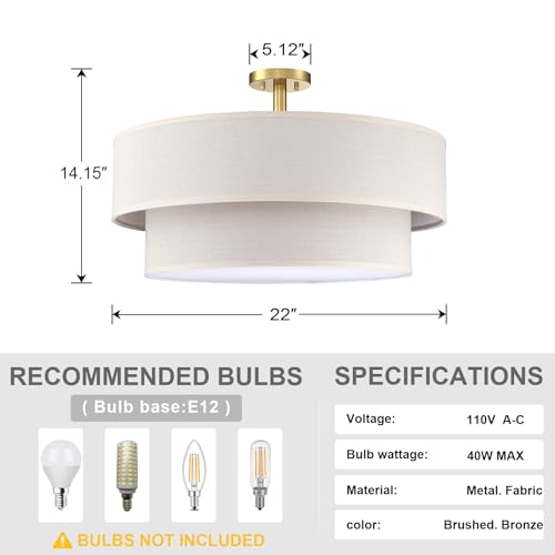 22" 2 Tier Linen Drum Fabric Modern Farmhouse Semi Flush Mount Light (Gold / 22 Inch)
