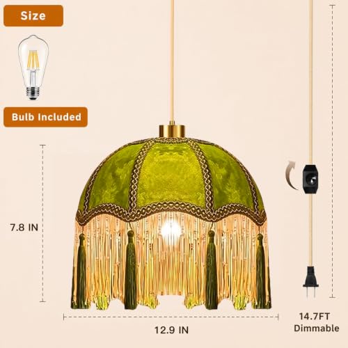 Plug in Pendant Light Hanging Lights with Plug in Cord Fringe Green Hanging Lamp Gold Mid Century Vintage Dimmable Tassel Flower Plug in Chandelier Ceiling Fixture Victorian Boho 2 Pack (Pendant Light-26)