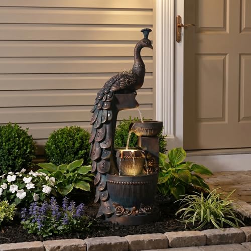 32" Peacock Sculpture Waterfall Fountain with LED Lights