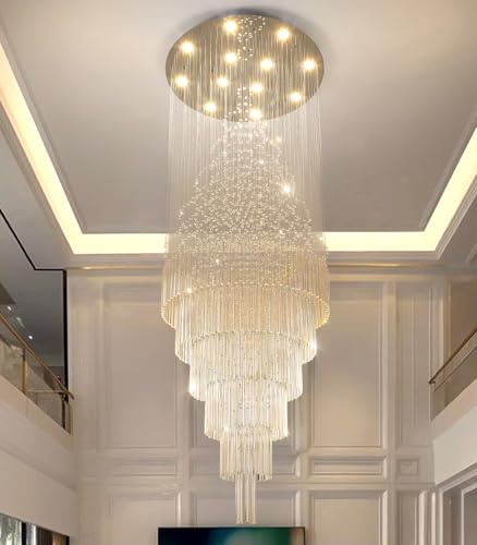 W32 x H100 Glam Chandelier with LED Bulbs Crystal Raindrop High Ceiling Pendant Light for Entrance Large Villa Chandelier Foyer Lighting Fixtures Silver (Silver / Round W32" X H100")