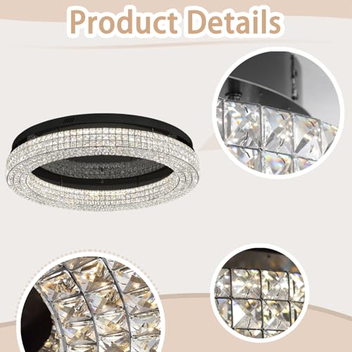 40'' Crystal Chandelier Light Fixture Large Chandelier for Living Room Crystal Flat Mounted Ceiling Lights Dining Room Bedroom Dimmable 2700 (Black / Dia 40inch)