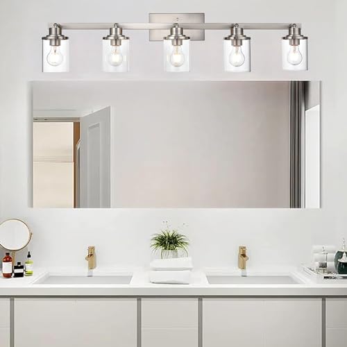 5-Light Wall/Ceiling Track Lighting Kit in Brushed Nickel Semi Flush Mount Ceiling Light with 5 Rotatable Light Heads Modern Vanity Lights for Bathroom, Clear Glass Shade (Brushed Nickel / 5-Light)