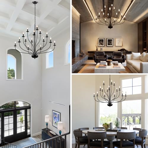 15 Light Black Chandelier 39" Large Foyer Chandeliers for High Ceilings Modern Farmhouse Chandelier Industrial Candle Pendant Light Fixture for Entryway Living Room Dining Room Staircase Hallway (Black / 15-Light 39")