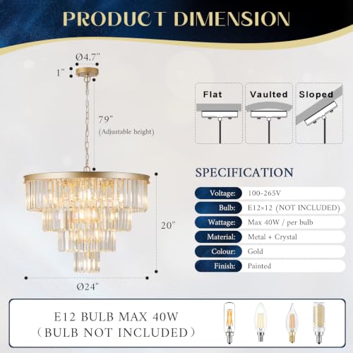 Gold Crystal Chandeliers 12 Lights 24" Luxury Round Chandelier (Gold / Medium-24”)