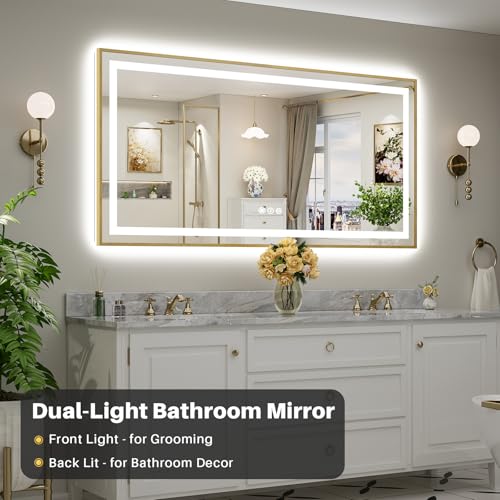 72x36 Inch LED Bathroom Mirror with Gold Frame (Backlit+front Lit With Gold Frame / 72"L x 36"W)