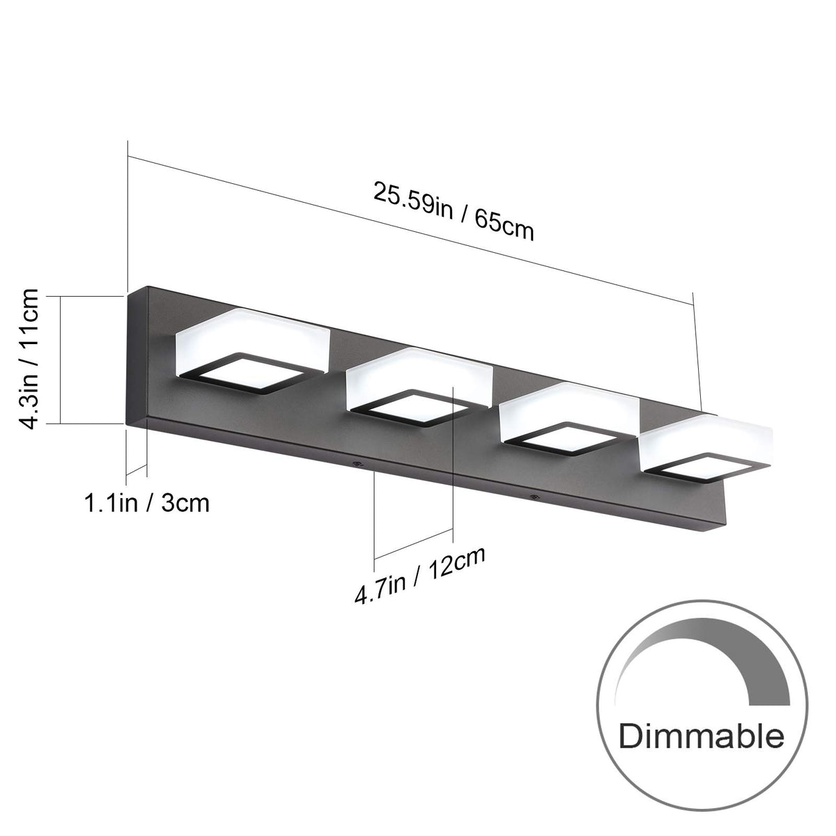 Black Vanity Light Dimmable 4 Lights LED Modern Bathroom Vanity Lighting Fixtures Modern Stainless Steel Acrylic Rotable 360° Vanity Wall Light Over Mirror (Black-Dimmable / 26 inch)