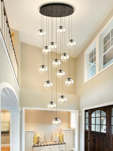 15 Light Black Chandelier with Globe Glass Dimmable Ceiling Light Glass Pendant Light for Kitchen Island (Black-Clear / Globe 15-Light)
