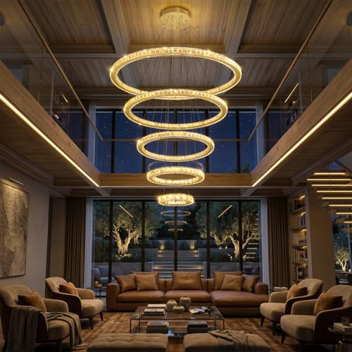 Modern 5 Rings Crystal Chandelier High Ceiling Dimmable LED Chandeliers Adjustable Lighting Fixtures for Living Room Dining Room Foyer Gold (Gold / 5-Ring 40")