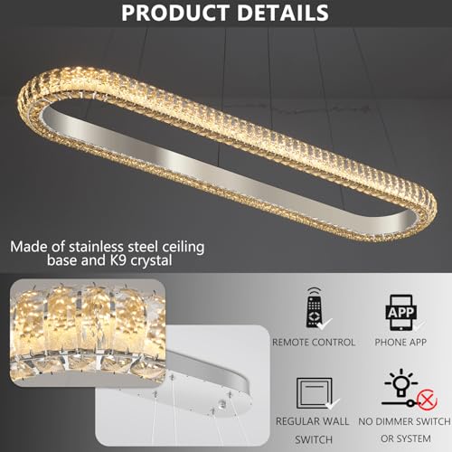 47'' Oval Ring Crystal Chandelier Modern LED Dimmable Ring Pendant Light Chandelier for Dining Room Living Room Silver (Silver / 1 Ring Oval 47")