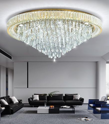 Modern Crystal Chandeliers LED Dimmable Flush Mount Ceiling Chandeliers for Living Room High Ceiling Entrance Foyer Lobby Bedroom Gold (Gold / 47.2" Width)
