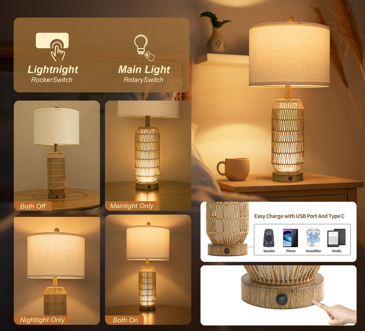 25" Table Lamps Set of 2 with Night Light (Wood-Grain)