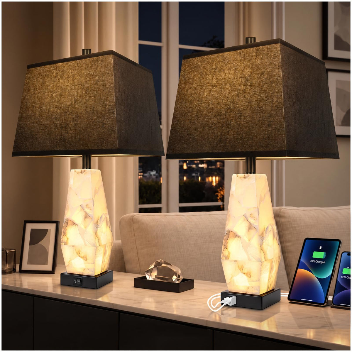 25" Alabaster Table Lamps Set of 2 with Night Light (Ivory White)