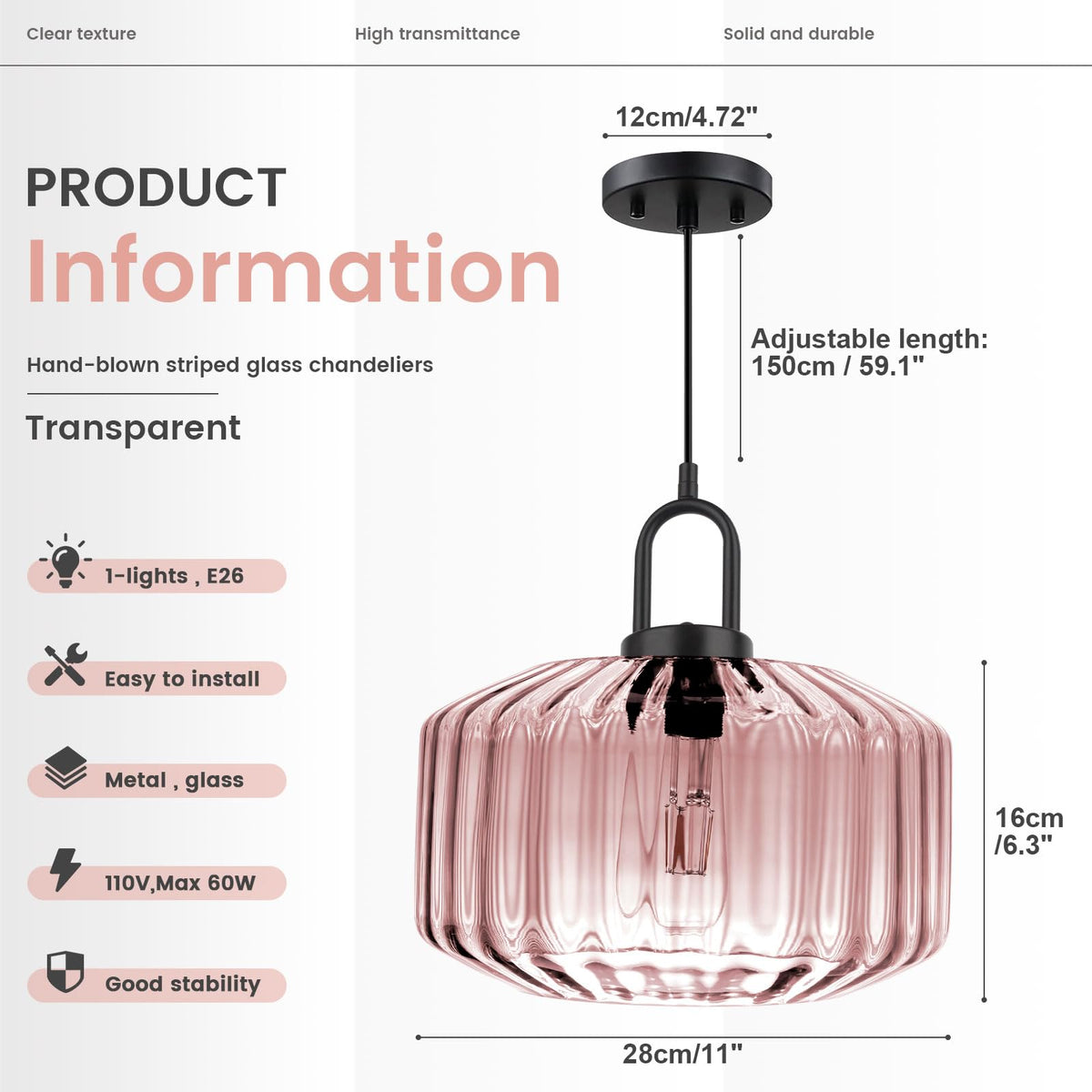 Pink Pendant Lights Fixture Mid Century Modern Pendant Lighting Large Glass Globe Shade Adjustable Cord Pendant Light Vintage Ceiling Hanging Lights for Dining Room Kitchen Island (Pink)