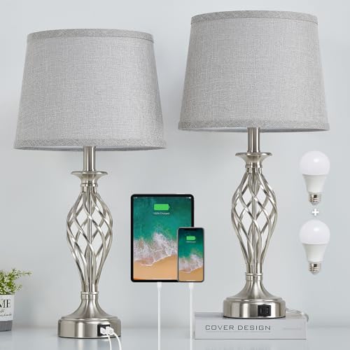 Table Lamp for Bedroom Set of 2 with USB C+A Ports (Silver Base + Grey Lampshade)