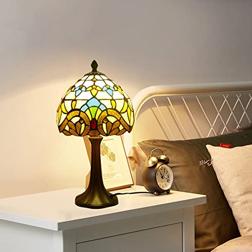 Tiffany Table Lamp Beige Baroque 8 Inch Wide Vintage Bedside Table Lamp Night Light Stained Glass Lamp Antique Art Craft Gifts Alloy Base 15 Inch Tall Vintage Reading Lamp (Beige Baroque)