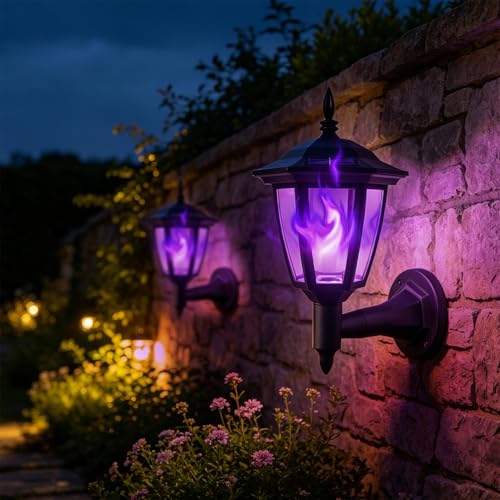 2 Pack Solar Flame Wall Lanterns Outdoor (Purple / 2 Pack)