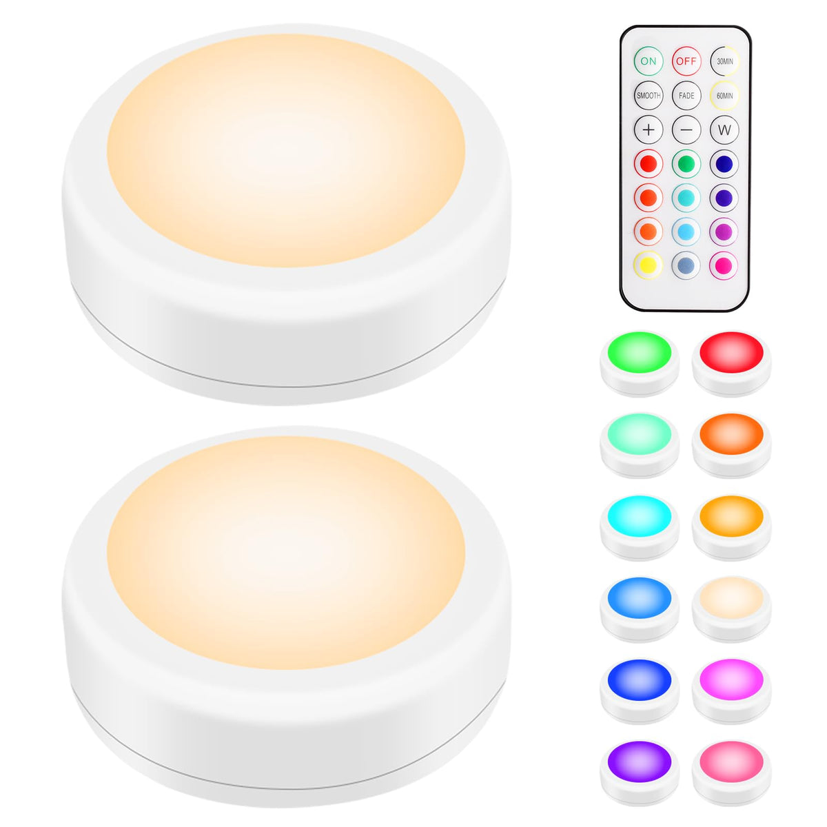 LED Puck Lights with Remote Control (White / 2 Pack)