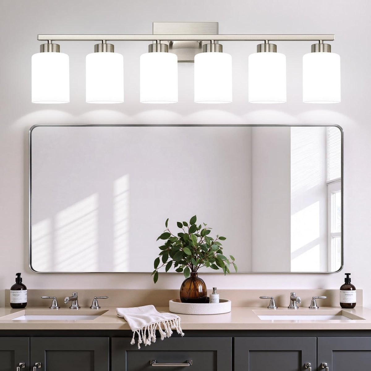 Brushed Nickel Bathroom Light Fixtures with Milk Glass Shades (Brushed Nickel & Milk Glass / 6-light)