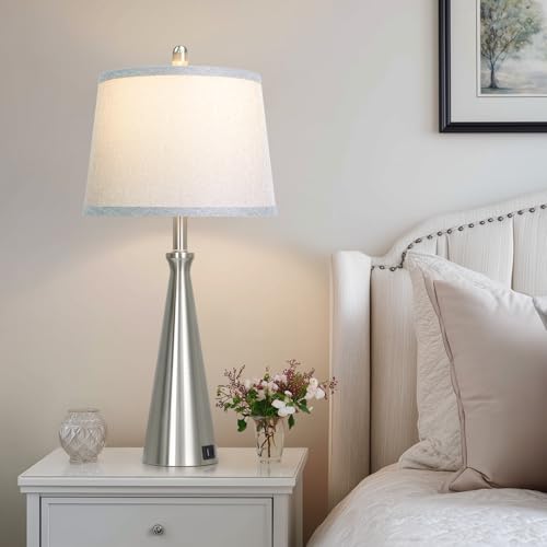 28" Silver Touch Table Lamps Set of 2 with USB A+C Ports (B Silver)