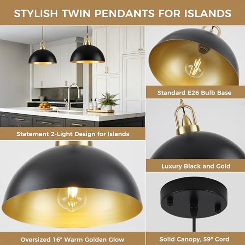 16'' Large Dome Pendant Lights for Kitchen Island (Black & Gold / 16 inch (2 PCS))