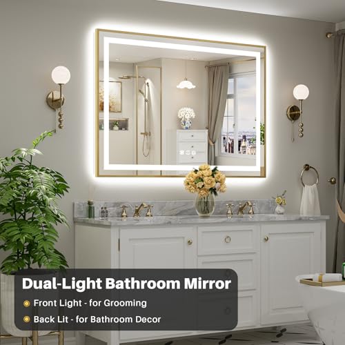 55x40 Inch LED Bathroom Mirror with Gold Frame (Backlit+front Lit With Gold Frame / 55"L x 40"W)