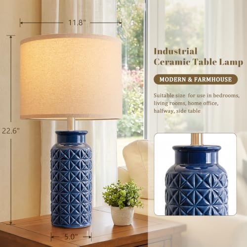 22.6" Modern Ceramic Bedside Lamps Set of 2 (Dark Blue)