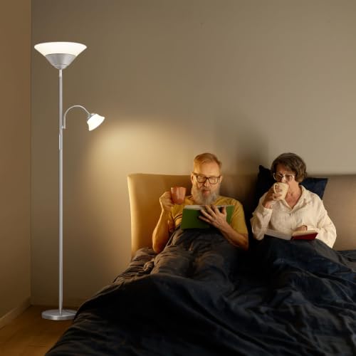 2-in-1 Torchiere Floor Lamp, 34W Super Bright LED Standing Lamp with Remote & Touch Control, 72" Dimmable Adjustable Corner Reading Lamp for Living Room, Bedroom, Office, Silver (Silver)