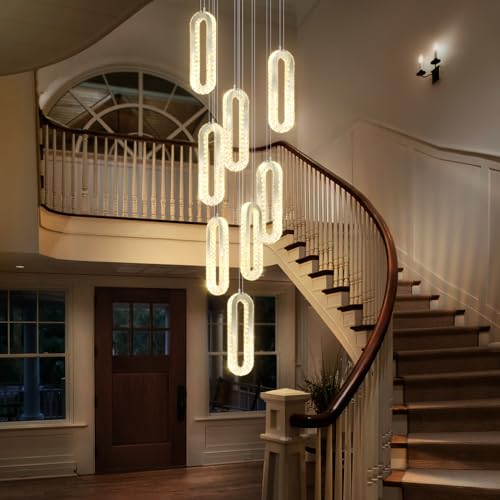 Modern Crystal Chandelier Adjustable 8 Rings Chandelier for Foyer Stairwell Crystal High Ceiling Pendant Light Dimmable 2700K (Silver / 8 Rings (New))