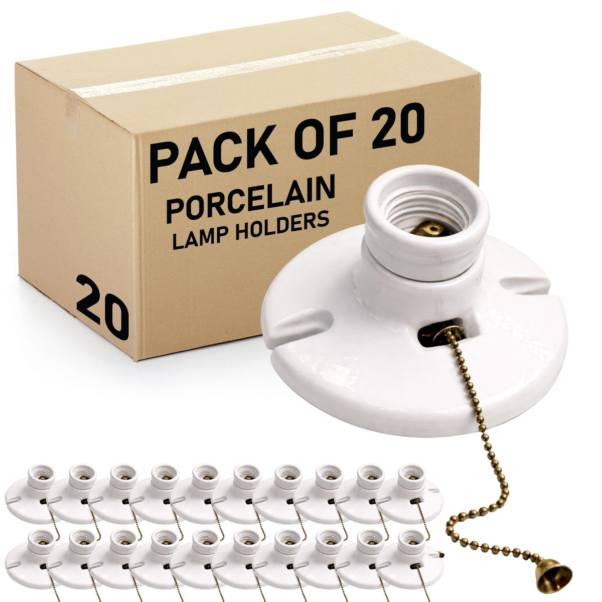 20 Pack) Pull Porcelain Lamp Holder, Medium Base E26 Ceiling Light Socket, One-Piece Outlet Box Mount, 660W UL Listed, Pull Chain Light Socket for LED & Incandescent Bulbs, Utility Lamp Socket (Porcelain Pull Chain)