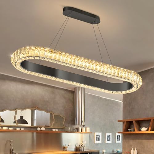 32'' Oval Ring Crystal Chandelier Modern LED Dimmable Ring Pendant Light Chandelier for Dining Room Living Room Black (Black / 1 Ring Oval 32")
