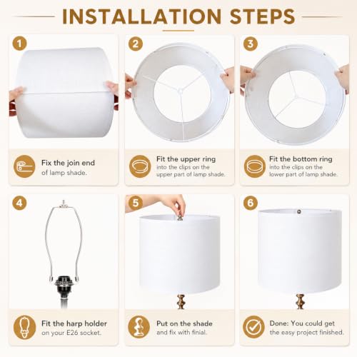 Drum Fabric White lamp shades for table lamps (White + Harp stands / 13x13x10 inch-1 Pack)