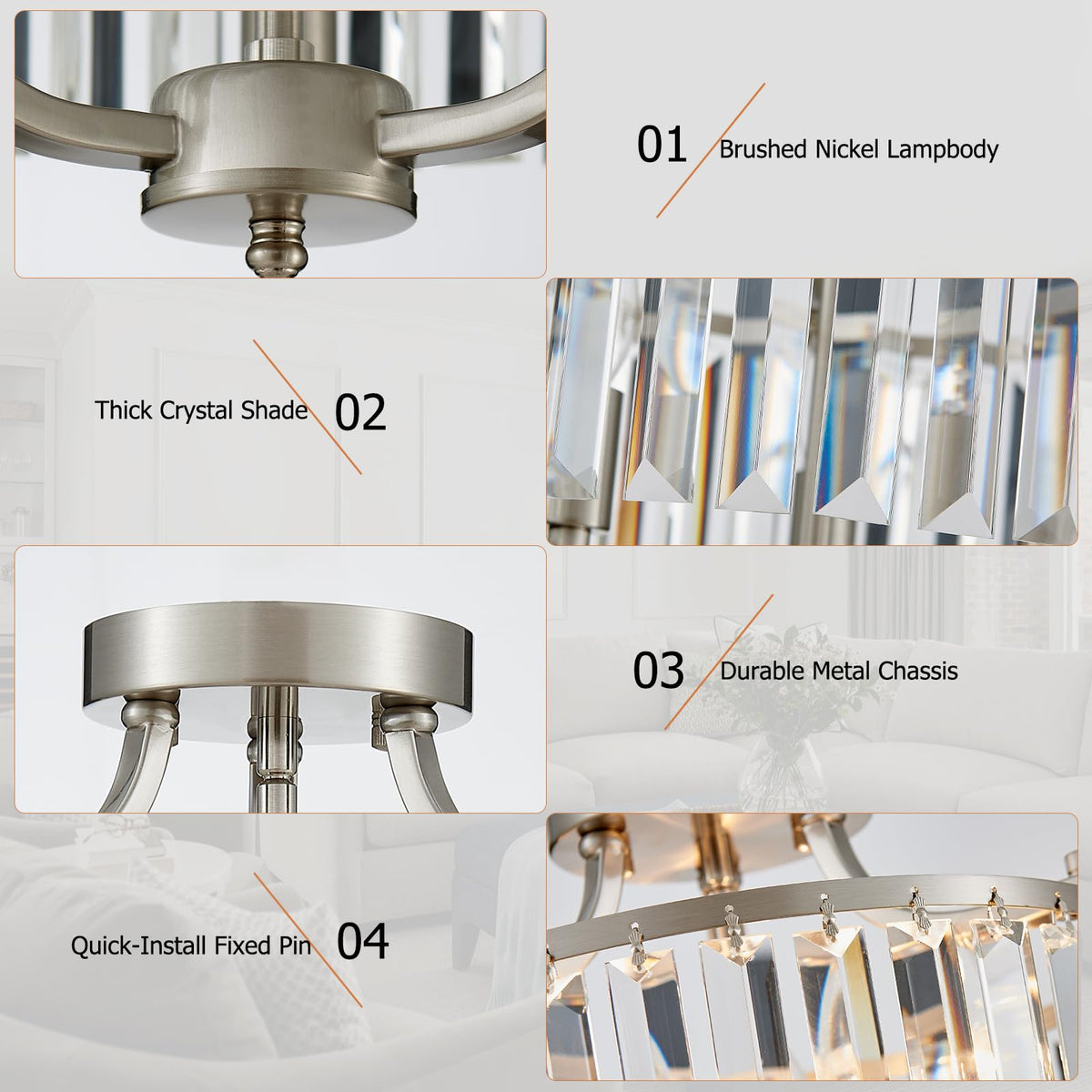 12.2'' Modern Brushed Nickel Crystal Ceiling Light Fixture Farmhouse 3