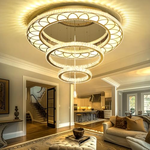 Dia 32" Modern Crystal Chandeliers Dimmable Round Chandelier 3 Rings Flush Mount Crystal Ceiling Light for Living Room Dining Room Bedroom Gold (Gold / W:32inches)