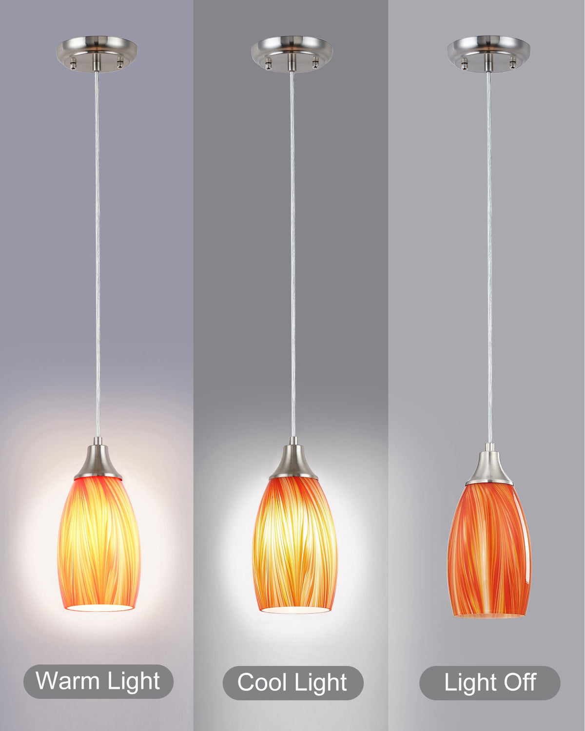 Glass Pendants Lights Kitchen Island Handcrafted Art Glass Mini Pendant Light Fixtures Oval Pendant Light Shade with Brush Nickel Finish Adjustable Cord for Kitchen Over Sink (Mixed Red Orange and Yellow -1Pack)