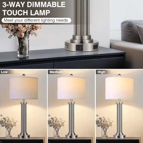 28" Tall Modern Table Lamps Set of 2 with USB C+A Ports and AC Outlet (Silver-2 Pack)