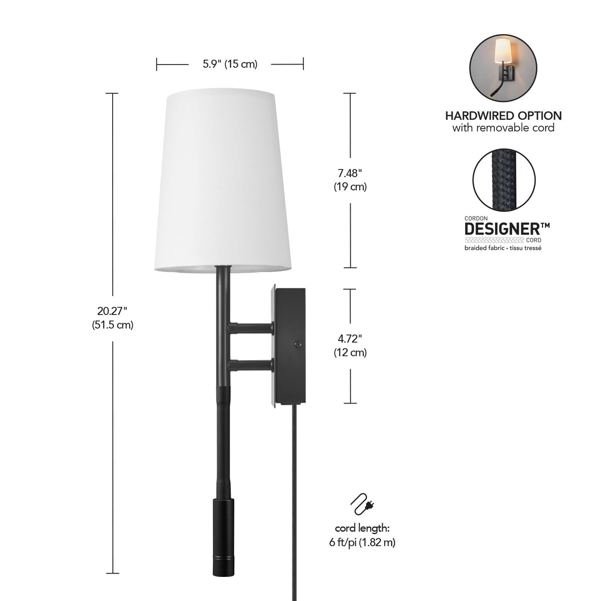 1-Light Plug-in or Hardwired Wall Sconce with LED Integrated Reading Light, USB-A Port, USB-C Port, Matte Black, White Fabric Shade, On-Off Pull Chain and Rocker Switch (Matte Black, White Fabric S...