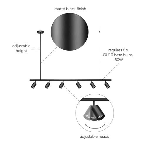 55" 6 Light Matte Black Adjustable Height Track Lighting with Pivoting Track Heads (Black, Cynthia)