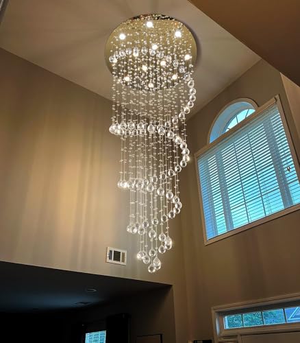 LED High Ceiling Chandelier Crystal Chandeliers Light Fixtures with Dimmable Light Bulbs Gold Living Room Foyer Chandelier Modern Pendants Lights for Entryway Staircase Silver (Silver / Spiral W32" X H78")