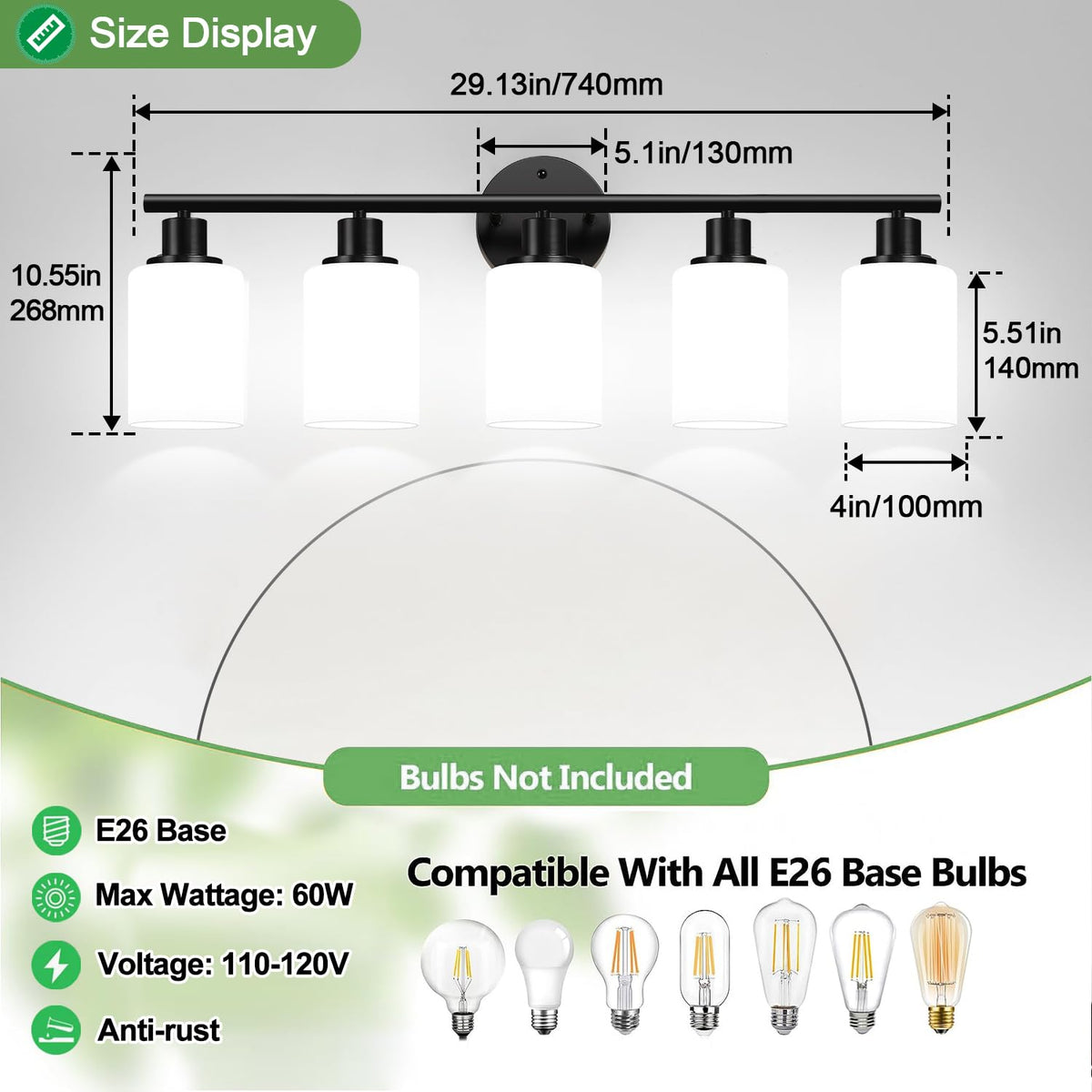 5 Light Bathroom Light Fixtures (Matte Black & Milky White Glass / 5-light)