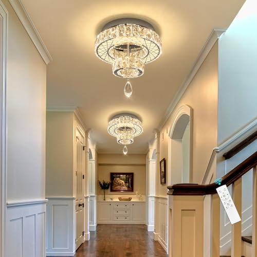 Modern Glam Ceiling Chandelier Bedroom Light Fixtures Crystal Flat Sloping Ceiling Lights for Hallway Kitchen Dining Room Dimmable Light with Remote Silver (12 inch / Silver)