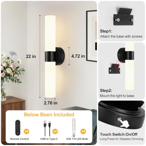 Rechargeable Wall Sconces Set of Two (Matte Black & Milky White Glass / Battery-22 Inch-2PC)