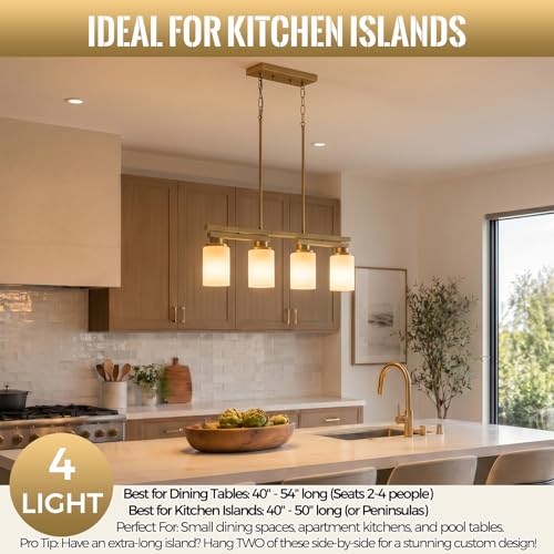 4 Light Brushed Gold Linear Chandelier (Gold+Milk Glass / 4 Light)