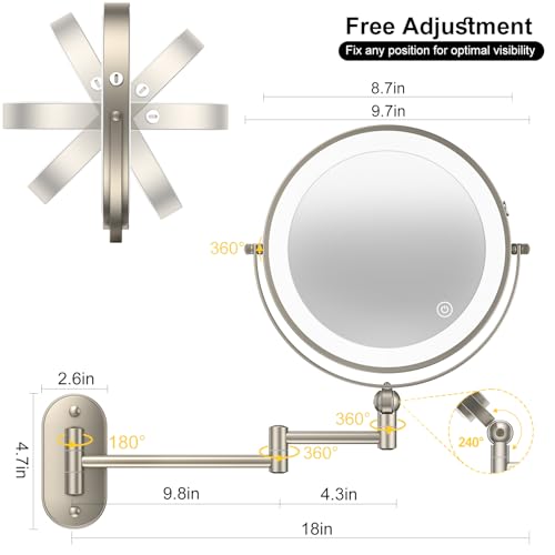 9" Wall Mounted Lighted Makeup Mirror (Nickel)