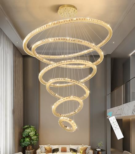Modern Crystal Chandelier 6 Rings High Ceiling Chandeliers Dimmable LED Lighting Fixtures with Remote for Living Room Dining Room Foyer Gold (Gold / 6-Ring 47")