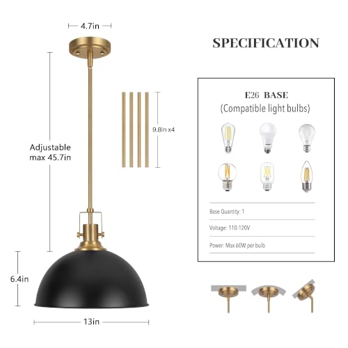 13 in Dome Pendant Light (Black and Gold / 13 Inch)