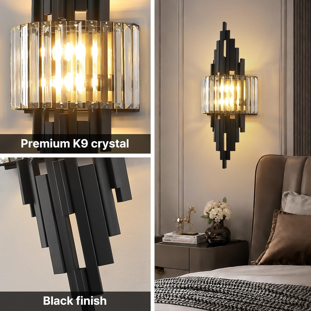 Black Crystal Wall Sconce set of 2 Mid Century Modern Vanity Bathroom Light (Black Rectangle-2P)