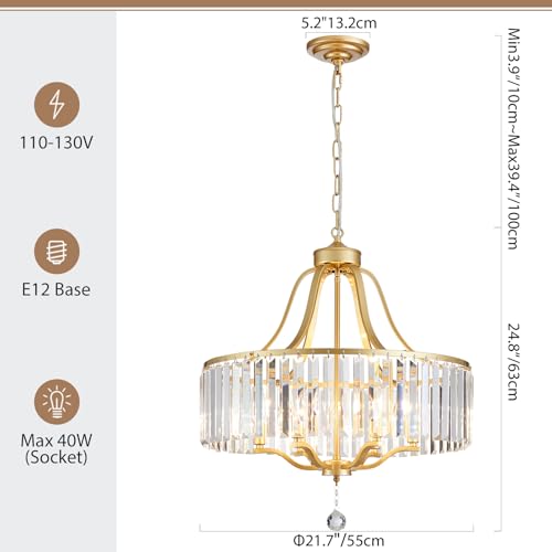 6 Light Crystal Gold Chandeliers for Dining Room 22 Inch Modern Farmhouse Chandelier Large Pendant Lighting Fixture Round Hanging Lamp for Living Room Kitchen Island Hallway Bedroom Foyer Hall (168-Gold)